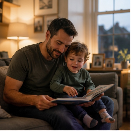 Father reading a bedtime story to his young child at home