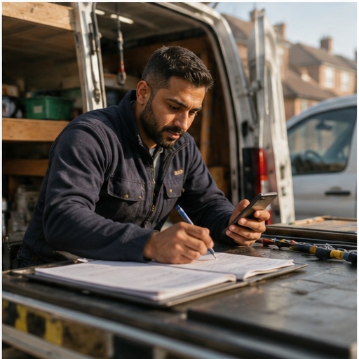 Self-employed tradesman making notes at the back of his work van