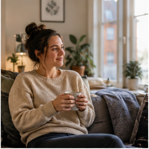 Woman reading at home with a mug of tea